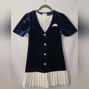 Vintage Rose Cottage Navy Dress with White Pleated Hem Girls Size 14